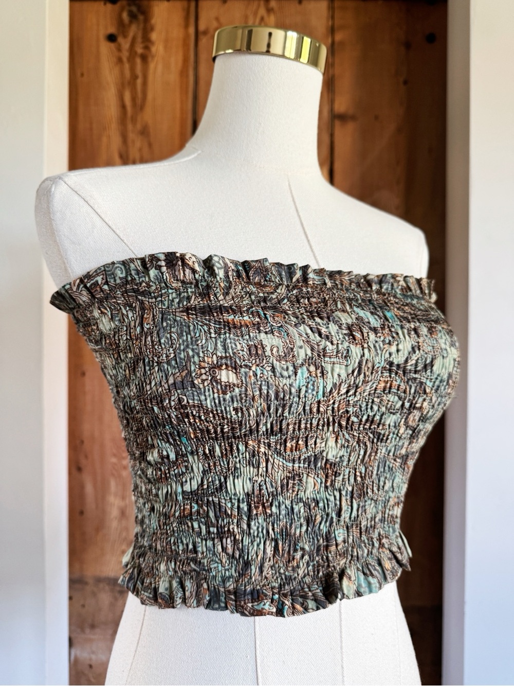 Sz S/M Cienna Paisley Earth Tone Smocked Layering Silk Blend Bandeau Top EUC